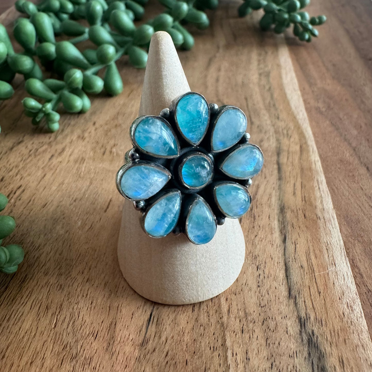 .925 Sterling Silver & Green/Blue Moonstone Flower Ring (Size 9)