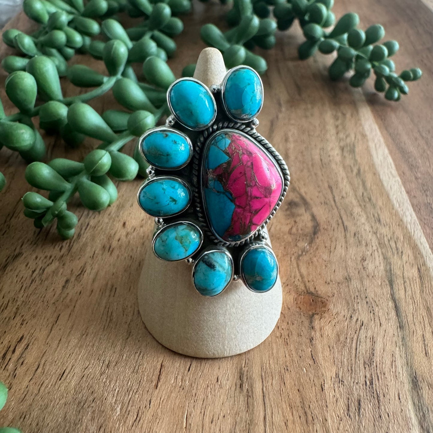 .925 Sterling Silver Cotton Candy & Mojave Turquoise Statement Ring – Size 7