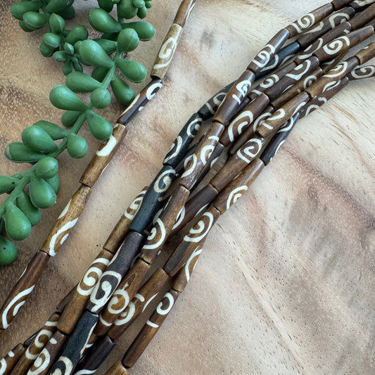 Swirl Batik Bone Tube Beads – 5x25 mm – 15–16 Inch Strand