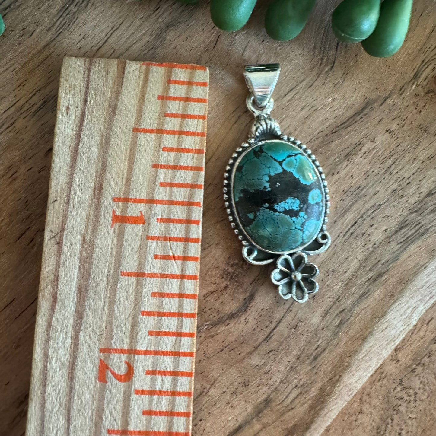 .925 Sterling Silver Pendant – Tibetan Turquoise with Floral Silverwork