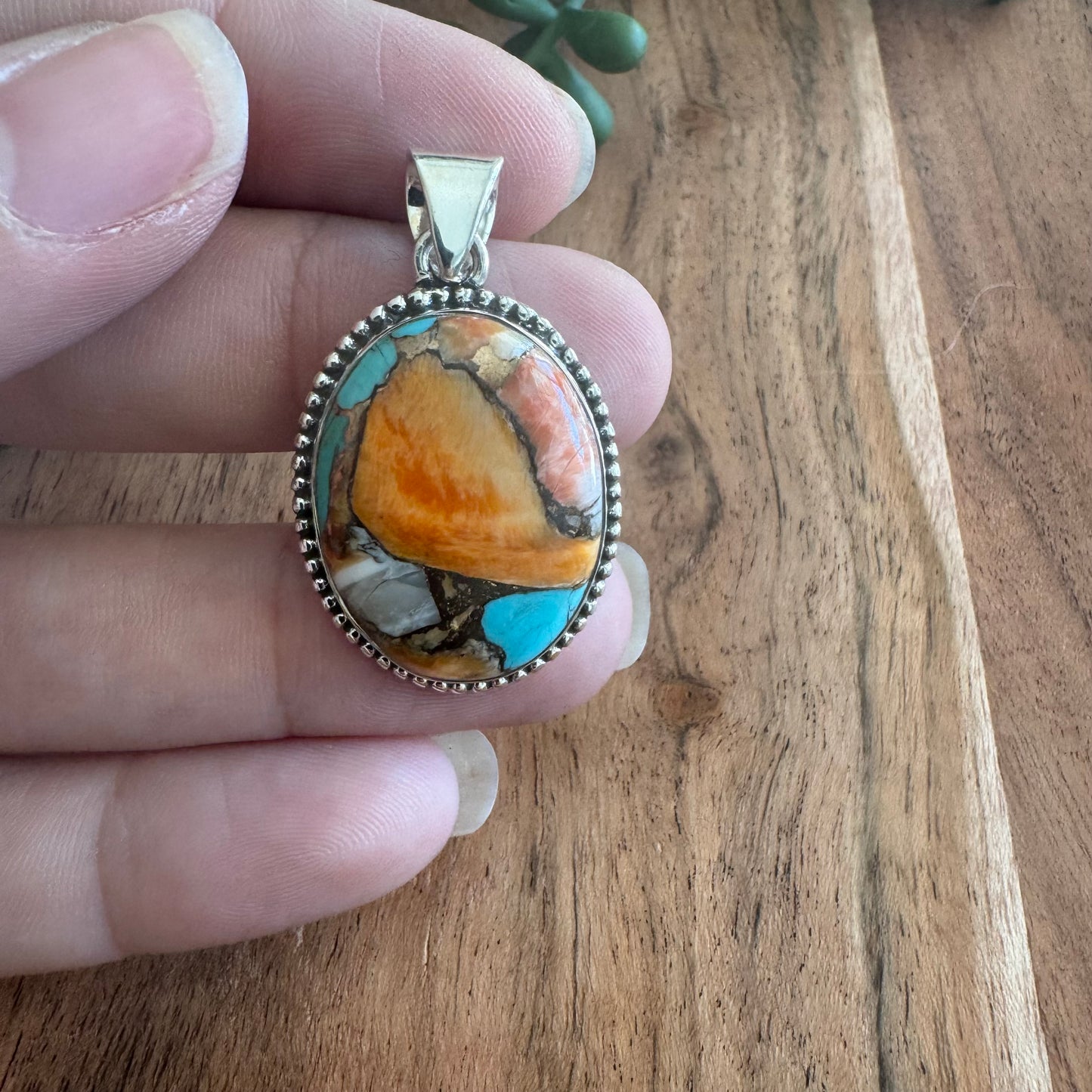 .925 Sterling Silver Oval Pendant – Orange Spiny Oyster & Turquoise