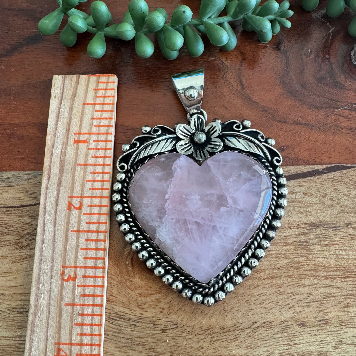Large Rose Quartz Heart Pendant with Floral Detailing – Antique Silver-Tone Southwest Style