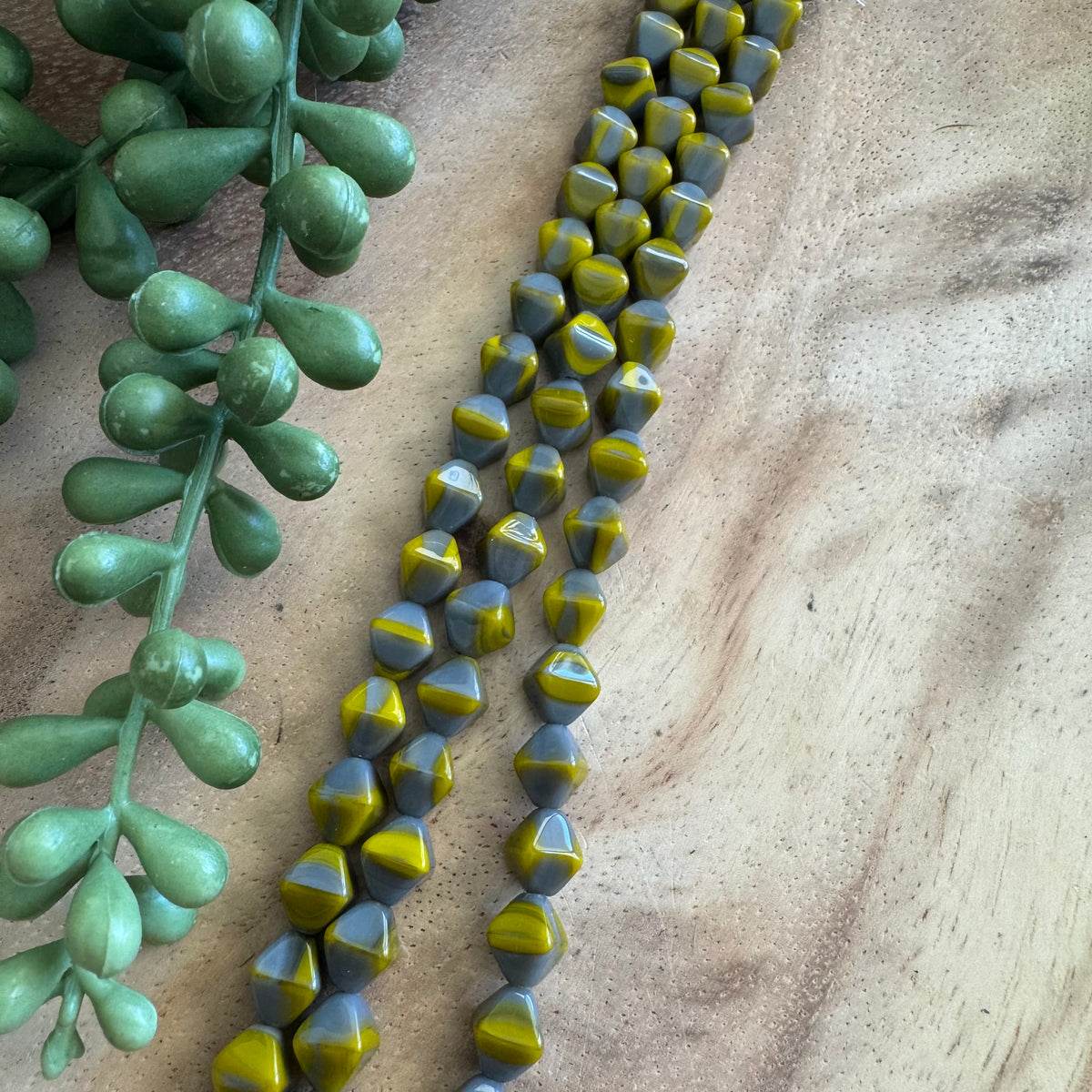 Vintage Czech Yellow and Gray Bicone Bead Strand 8in
