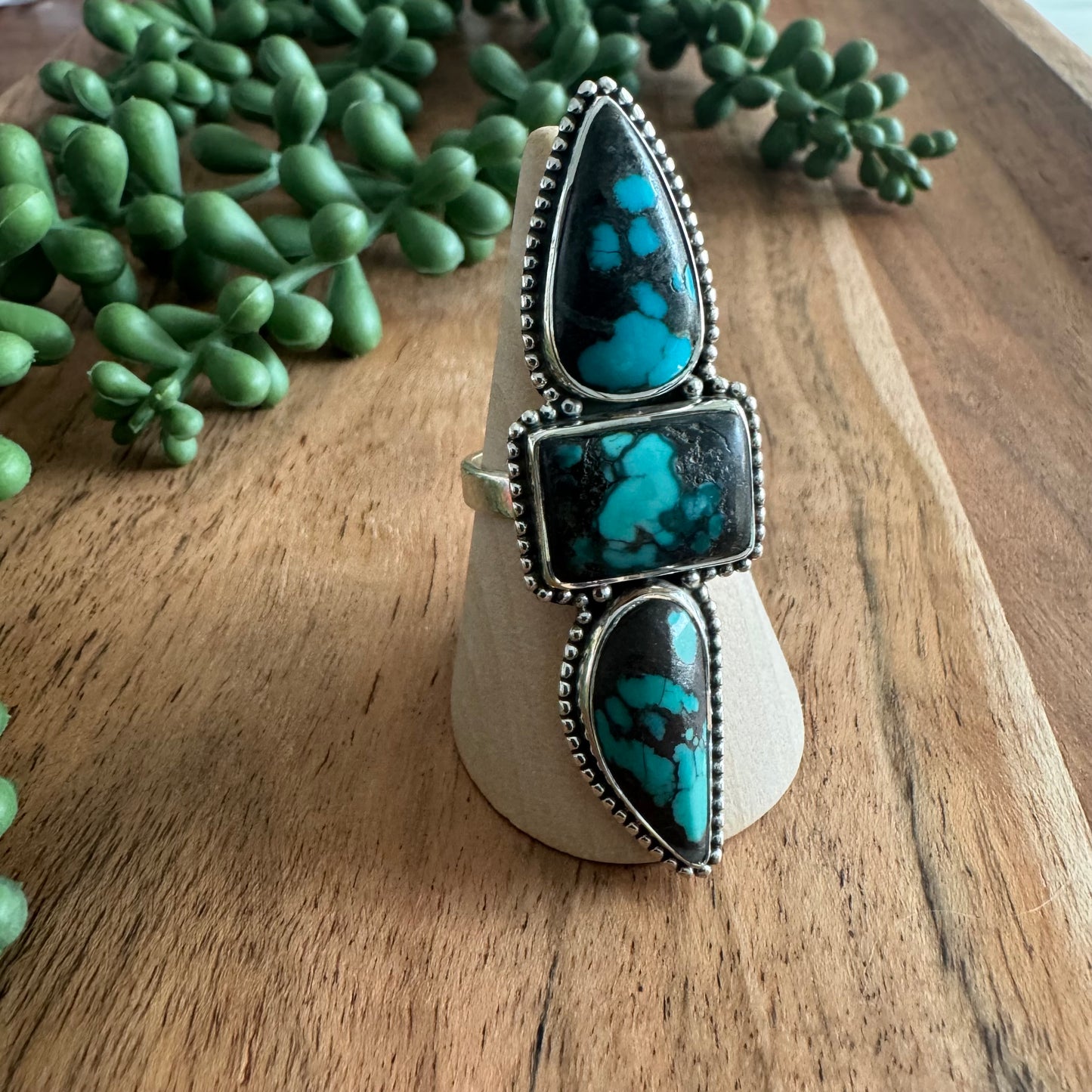 .925 Sterling Silver & Turquoise Three-Stone Statement Ring (Size 10)