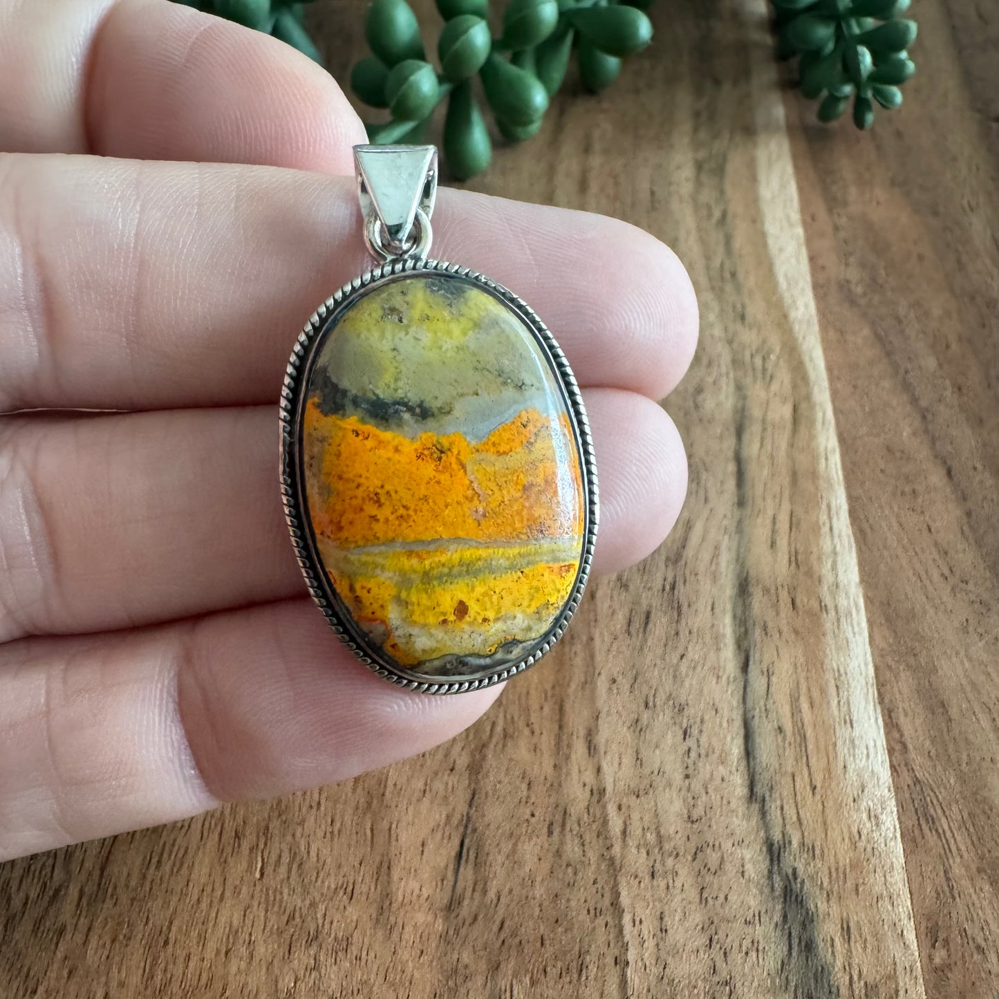 .925 Sterling Silver & Bumblebee Jasper Oval Pendan