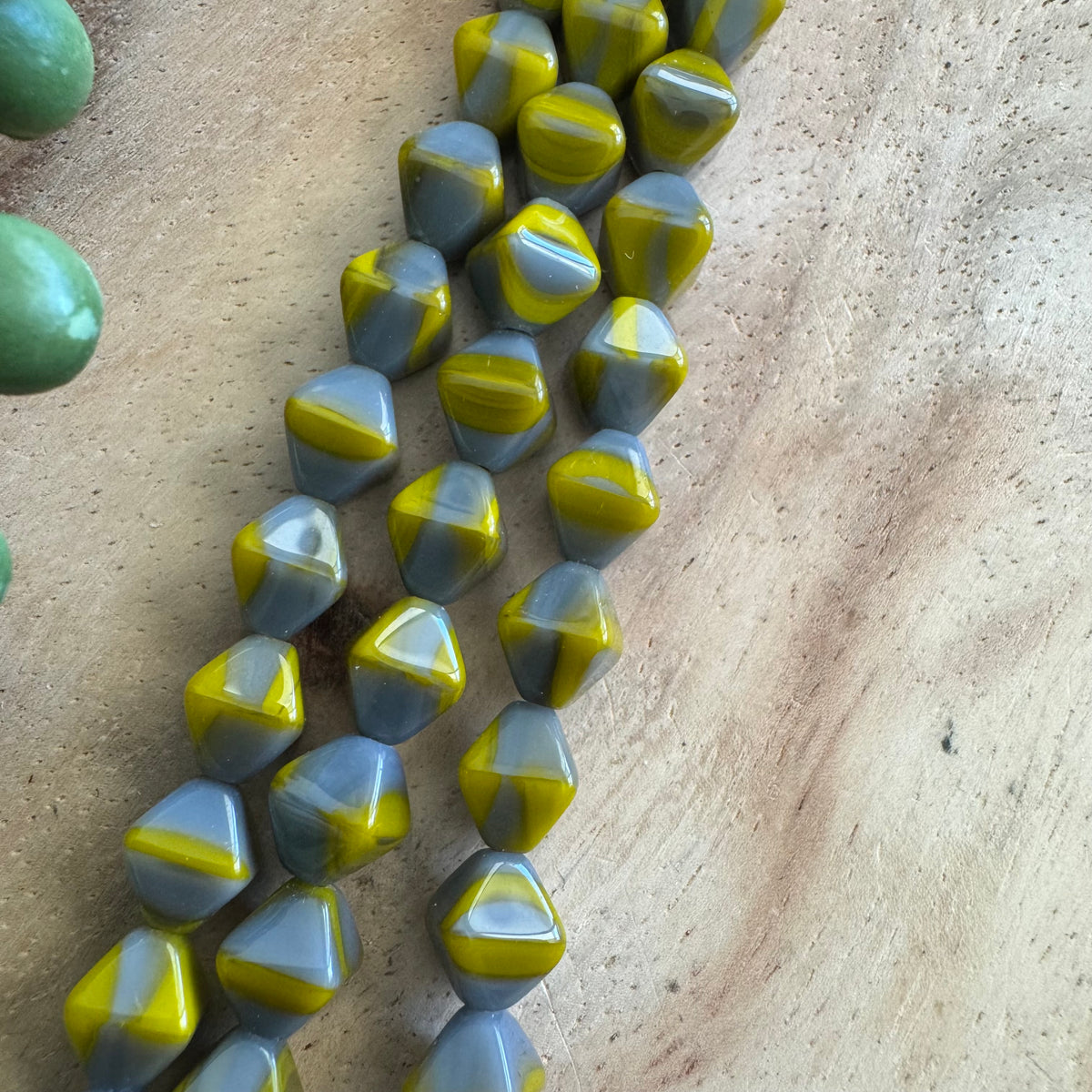 Vintage Czech Yellow and Gray Bicone Bead Strand 8in