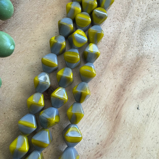 Vintage Czech Yellow and Gray Bicone Bead Strand 8in