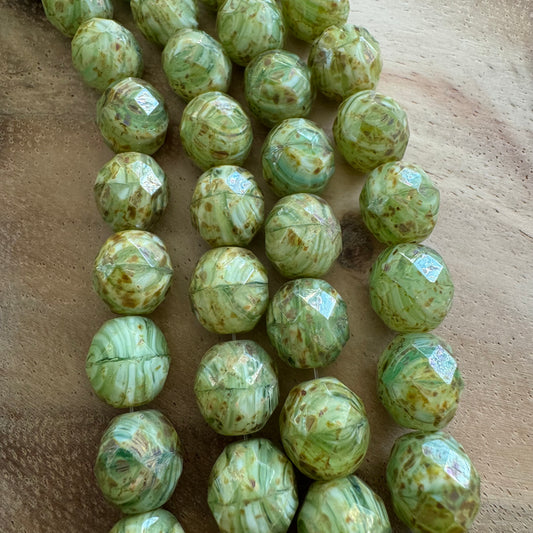 Vintage Green Czech Glass Fire Polish Beads – 12 mm – 8 Inch Strand