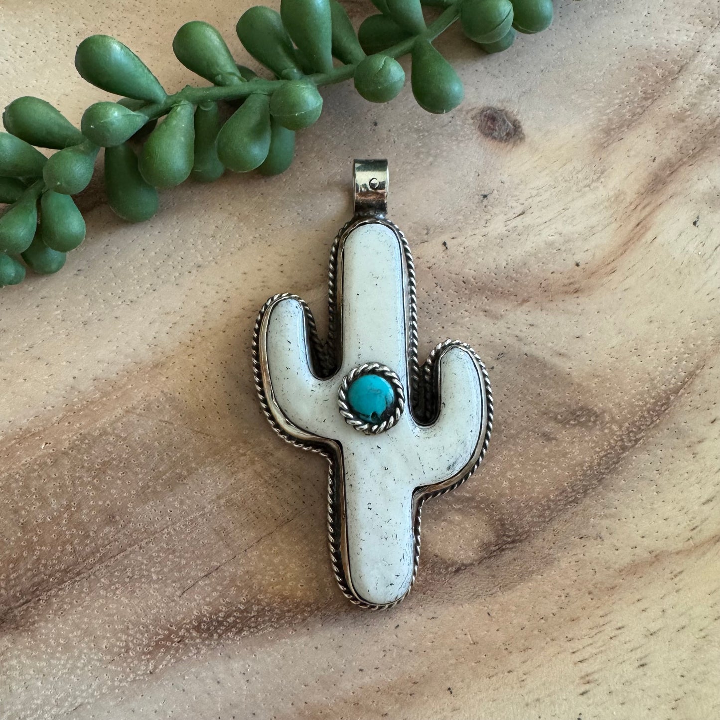 Saguaro Cactus Bone and Turquoise Pendant SWP19