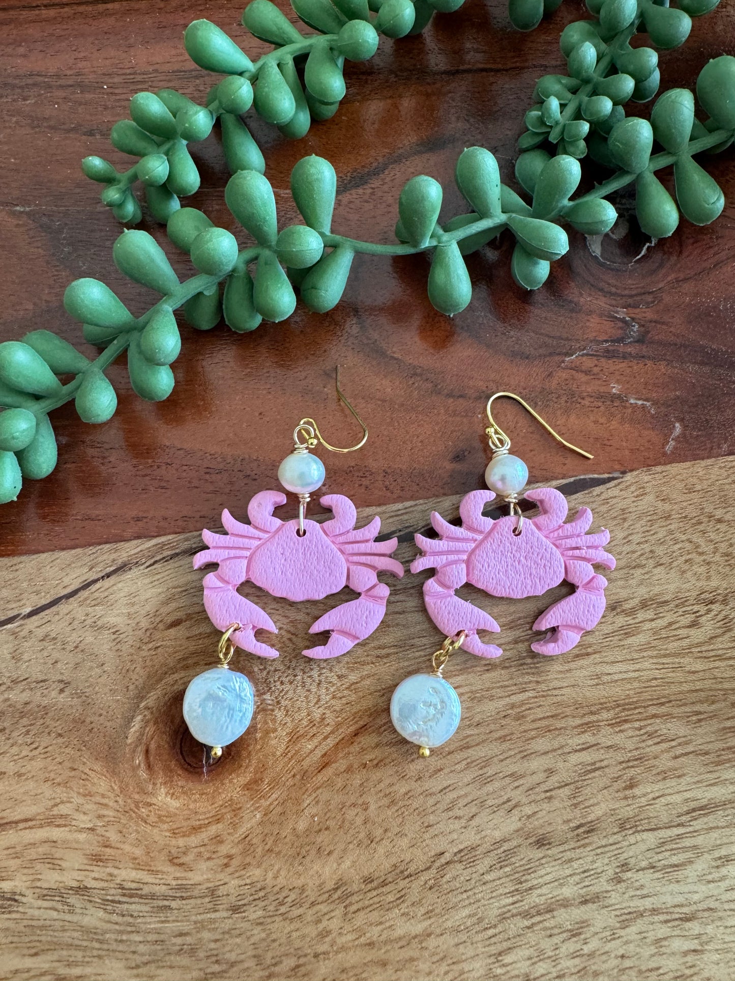 Pink Crab and Pearl Earrings