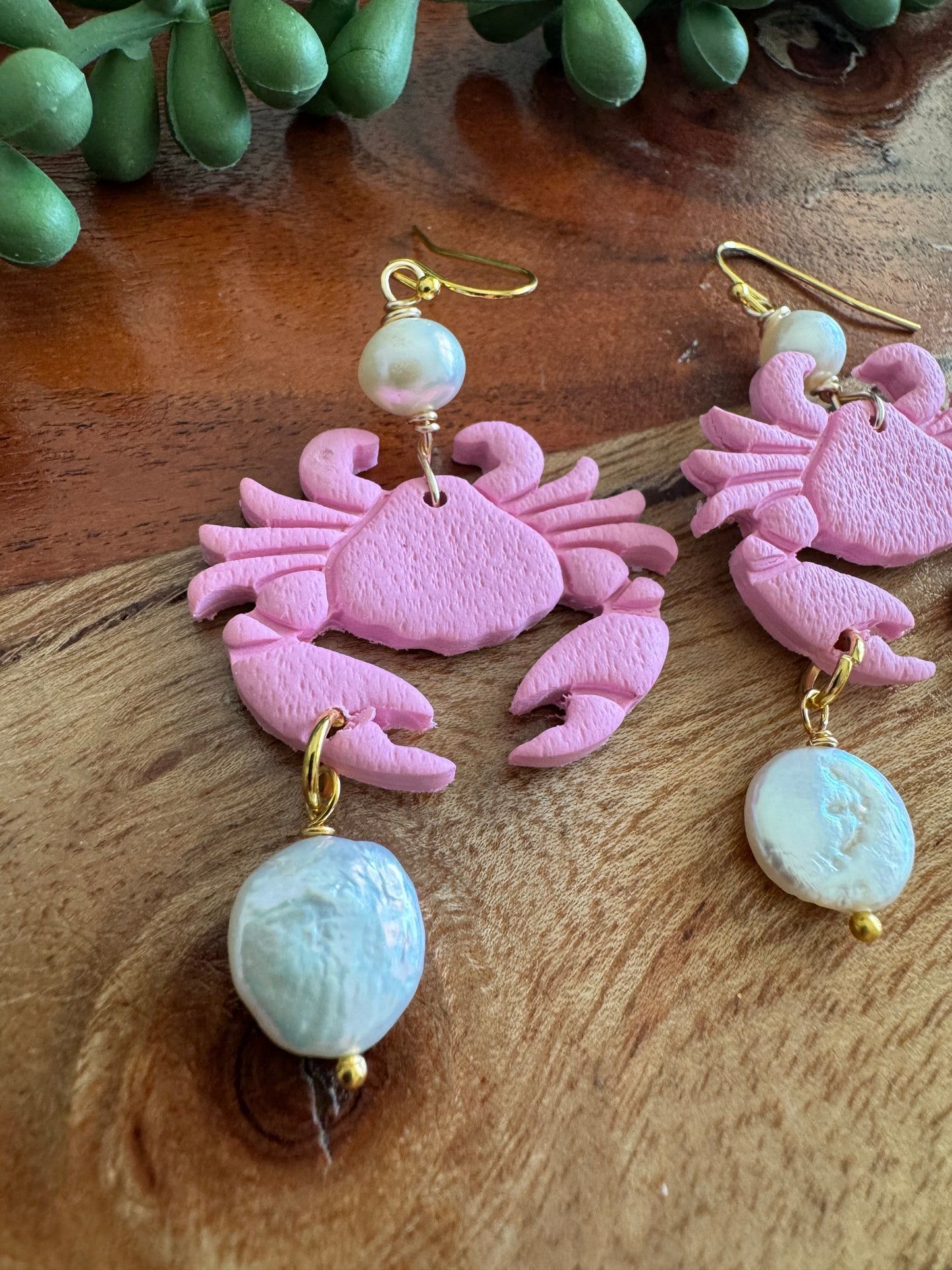 Pink Crab and Pearl Earrings