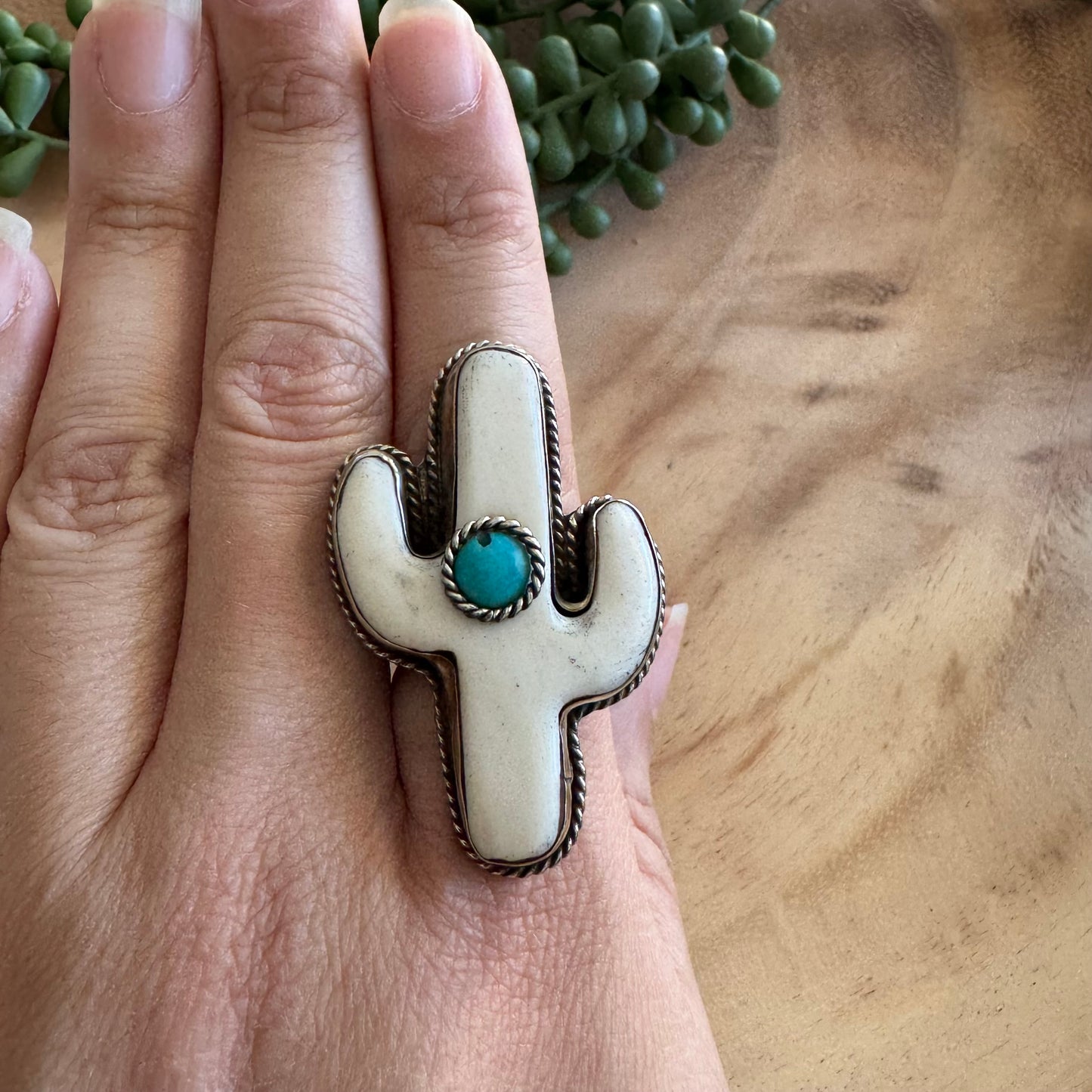 Saguaro Cactus Bone and Turquoise Ring Adjustable SWP20