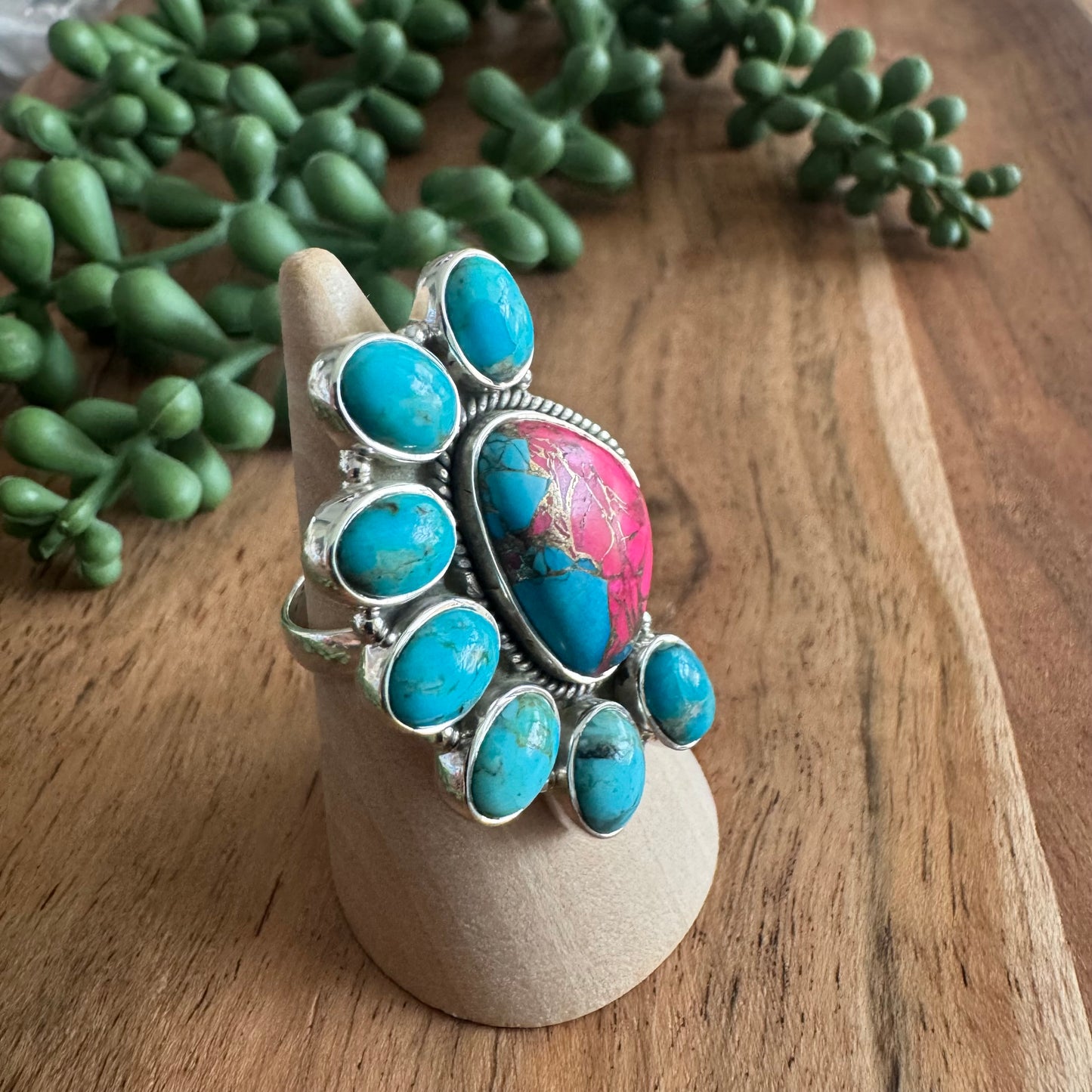.925 Sterling Silver Cotton Candy & Mojave Turquoise Statement Ring – Size 7