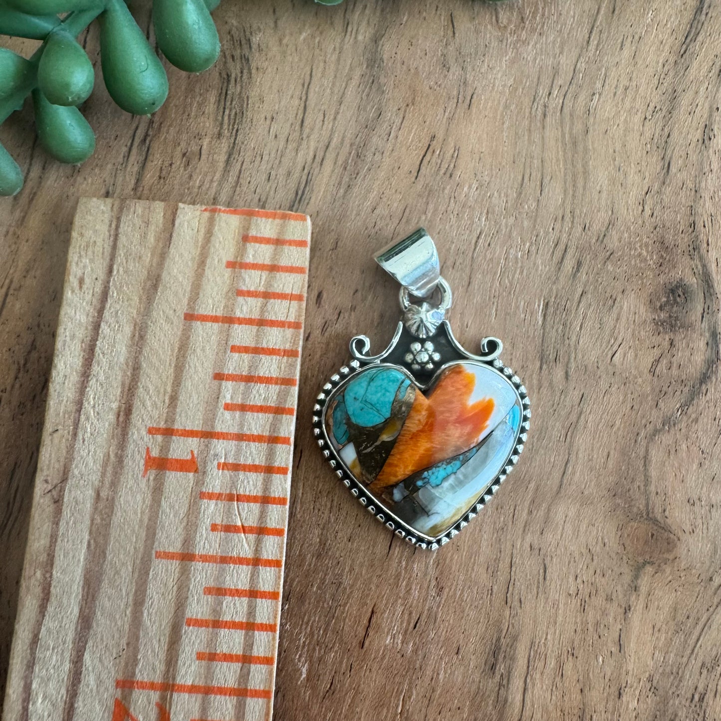 .925 Sterling Silver Heart Pendant – Orange Spiny Oyster & Turquoise