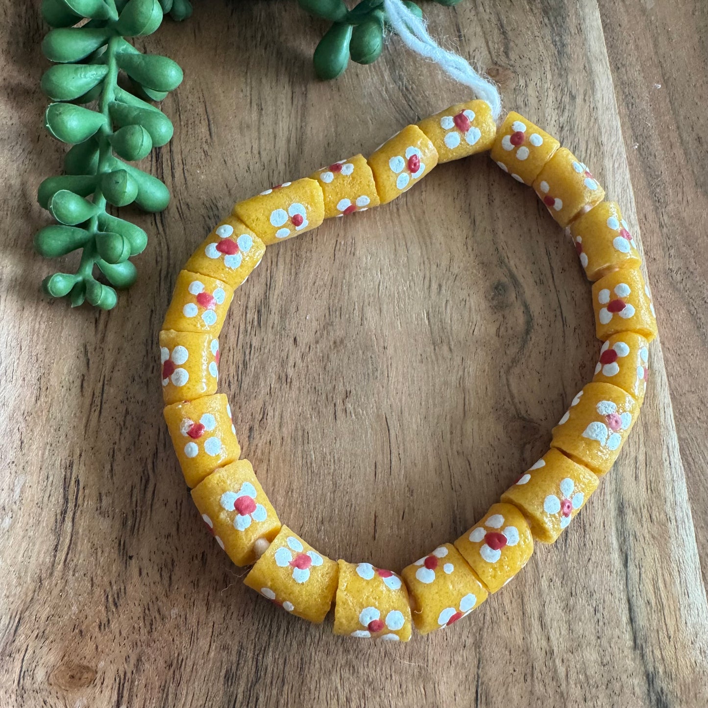 Yellow African Glass Krobo Beads – 11x13 mm – 10 Inch Strand