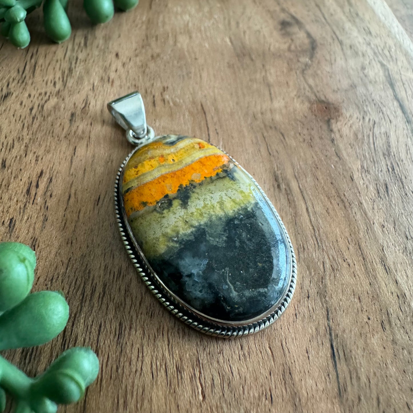.925 Sterling Silver & Bumblebee Jasper Oval Pendan