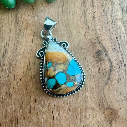 .925 Sterling Silver Tear Drop Pendant – Orange Spiny Oyster & Turquoise