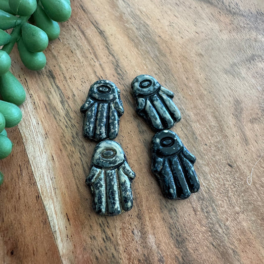 Czech Glass Black Hamsa Focal Bead 4pcs