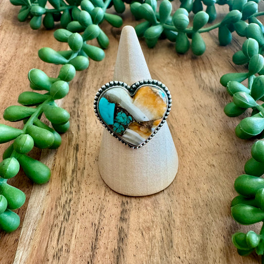 .925 Sterling Silver Orange Spiny Oyster and Turquoise Heart Ring - Size 10