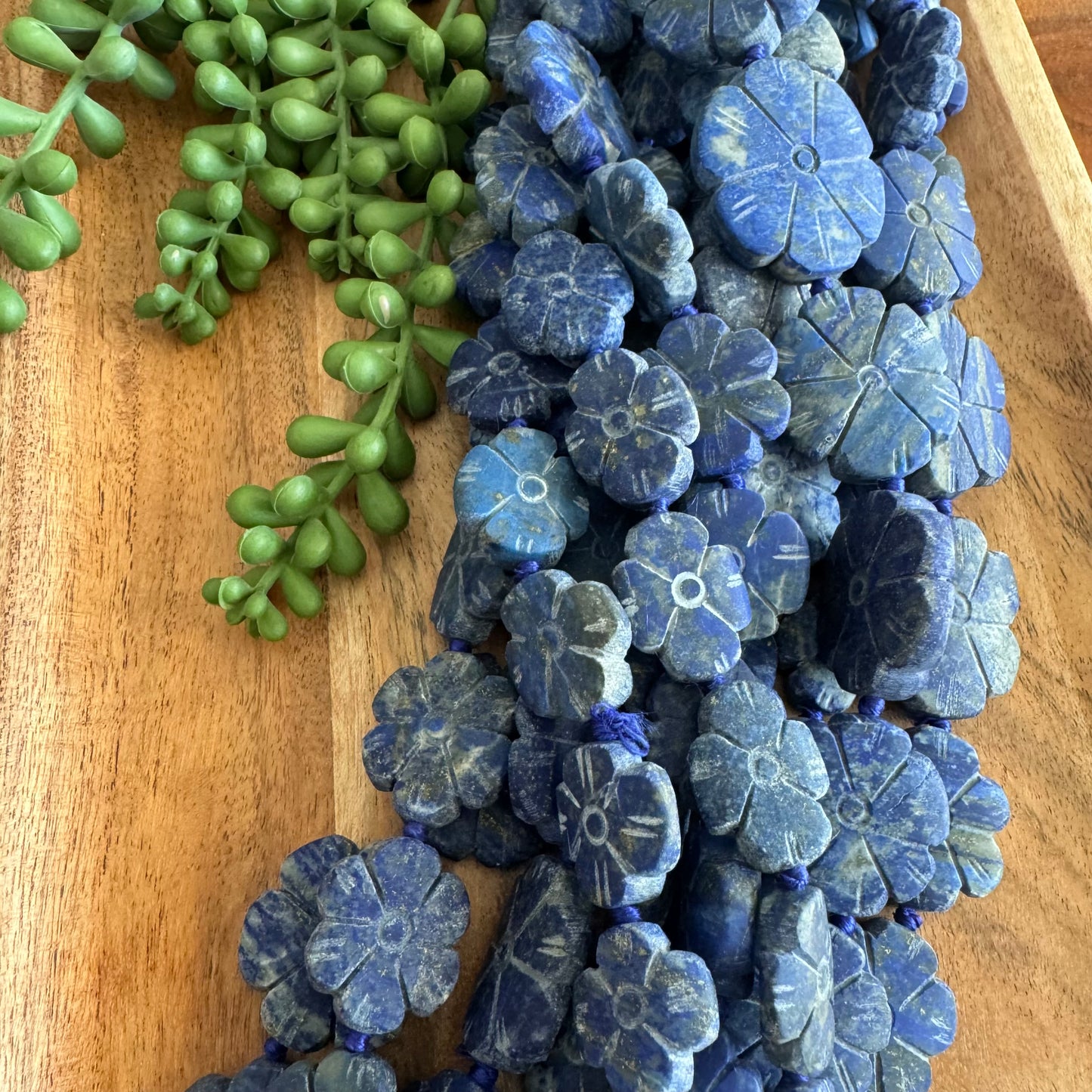 Lapis Lazuli Carved Flower Gemstone Bead Strand