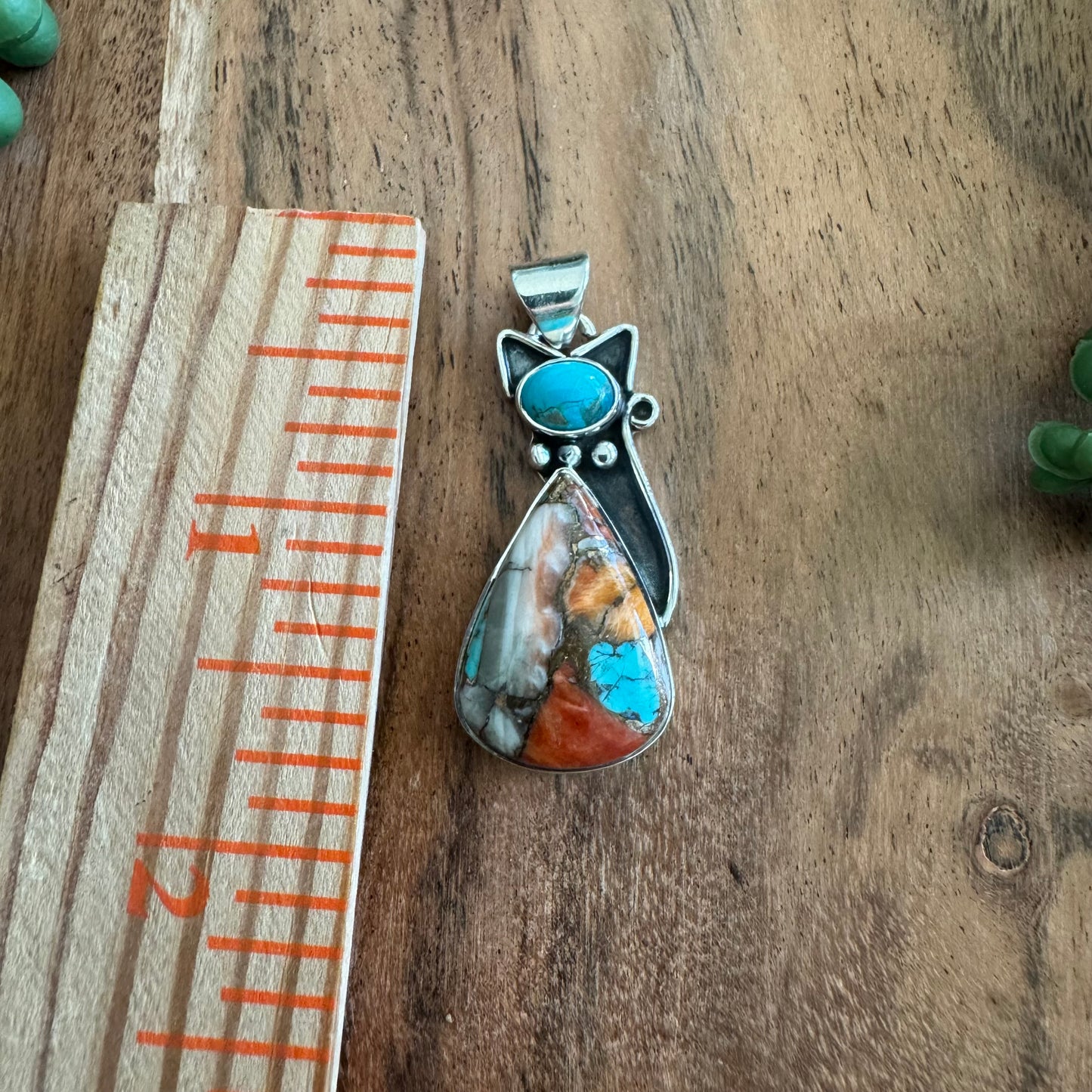 .925 Sterling Silver Cat Pendant – Orange Spiny Oyster & Turquoise