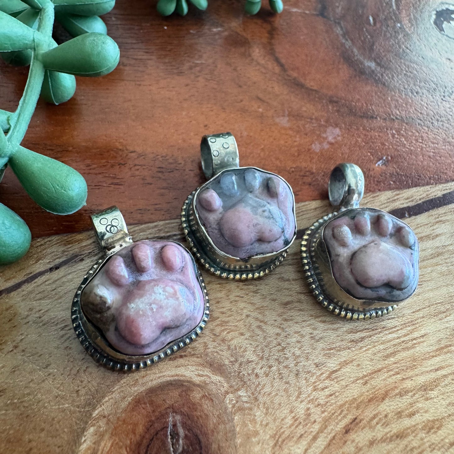 Tiny Rhodonite Bear Paw Pendant – Antique Silver Southwest Style Random Pick