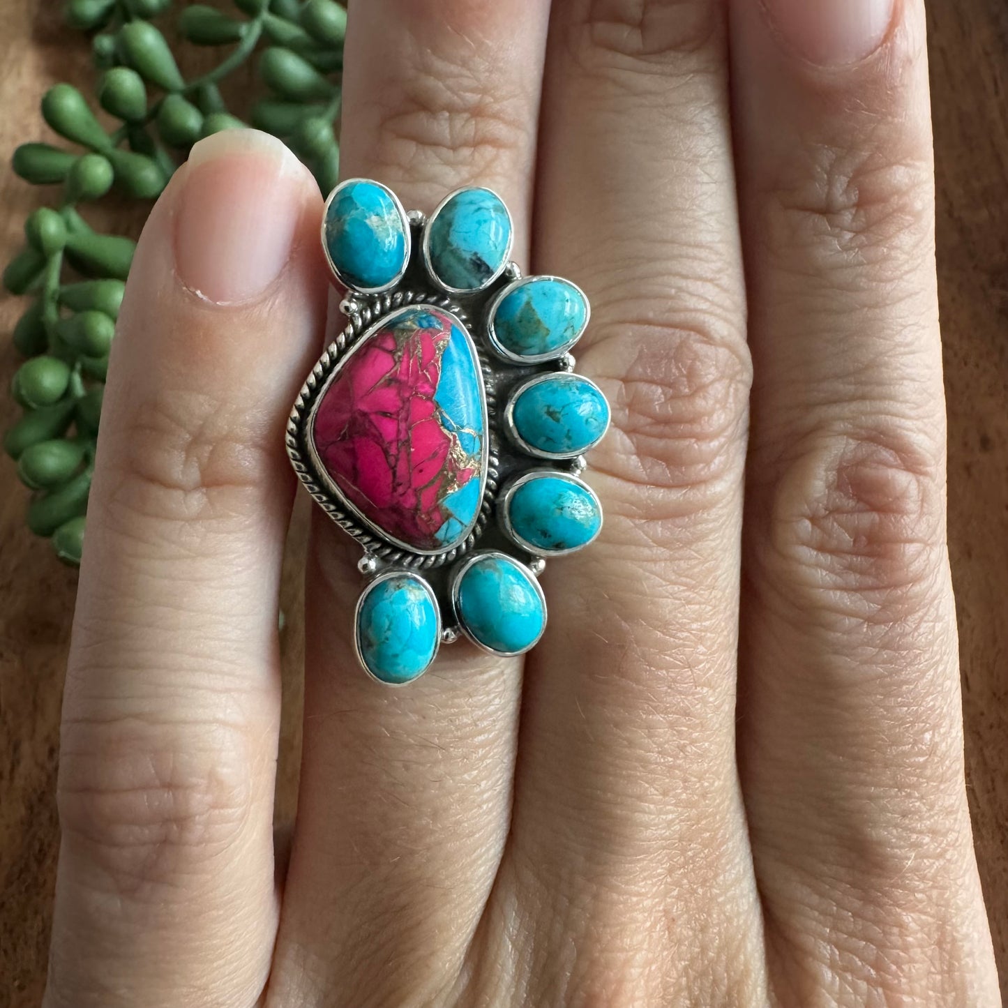 .925 Sterling Silver Cotton Candy & Mojave Turquoise Statement Ring – Size 7