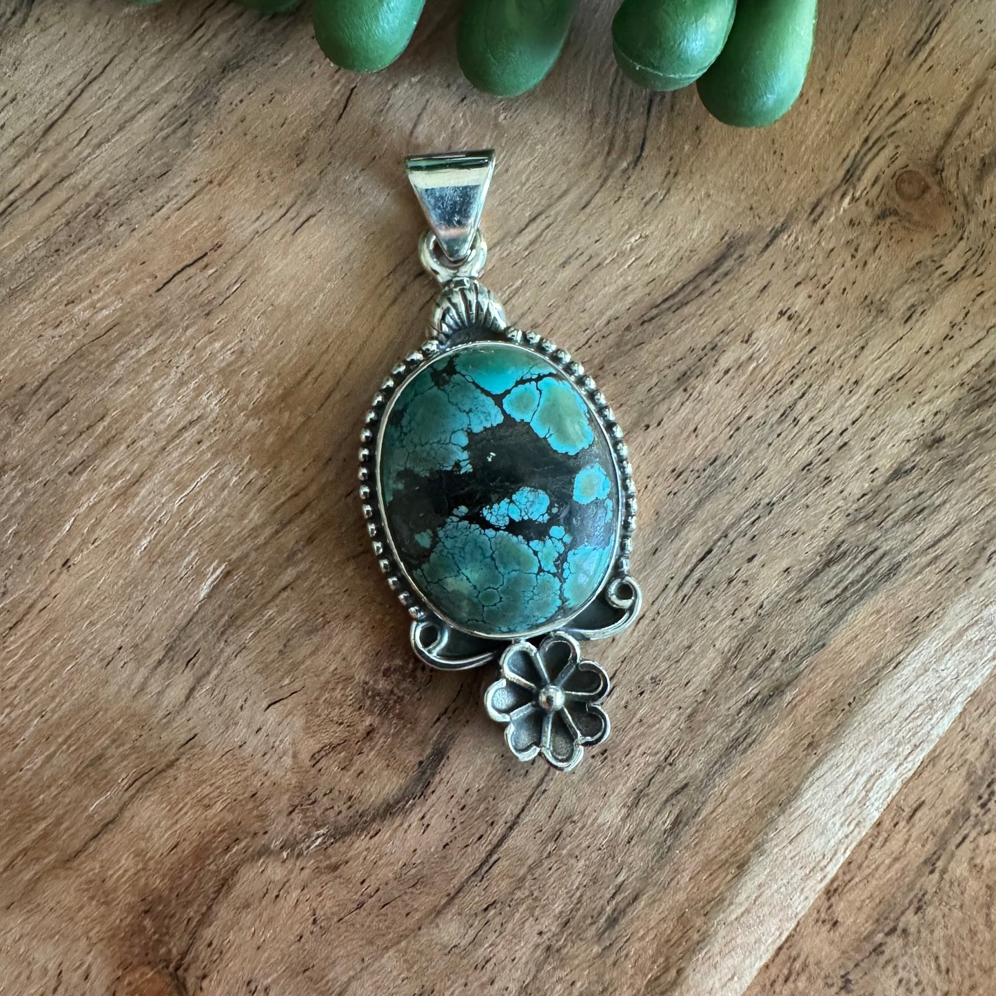 .925 Sterling Silver Pendant – Tibetan Turquoise with Floral Silverwork