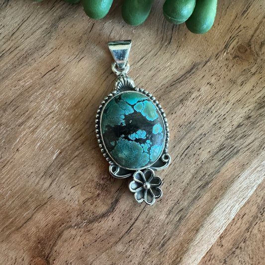 .925 Sterling Silver Pendant – Tibetan Turquoise with Floral Silverwork