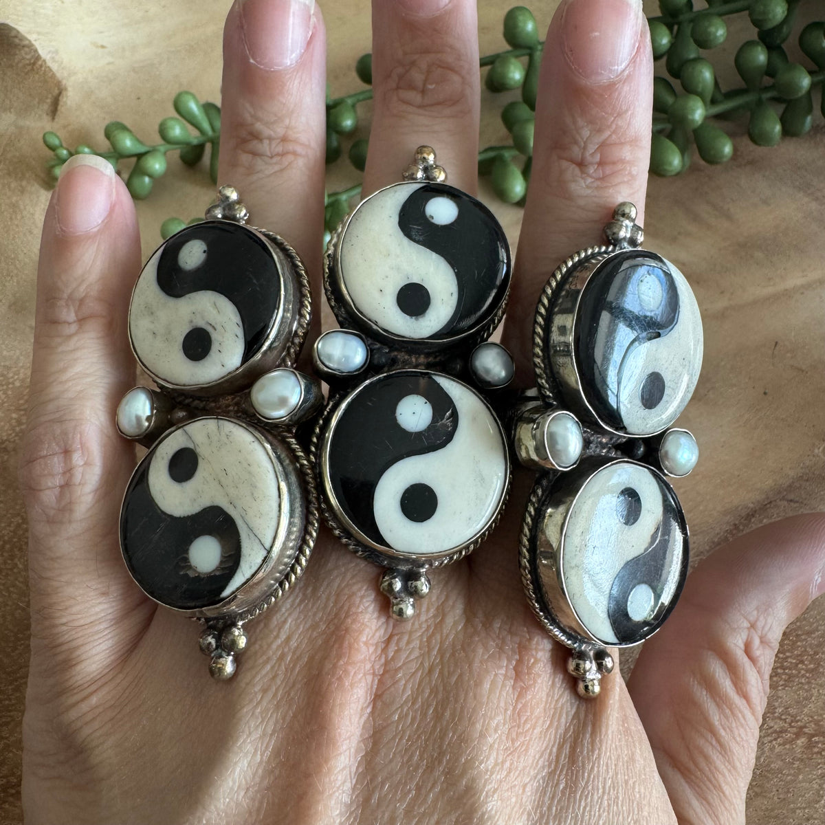 Yin & Yang Statement Ring with Pearls– Adjustable