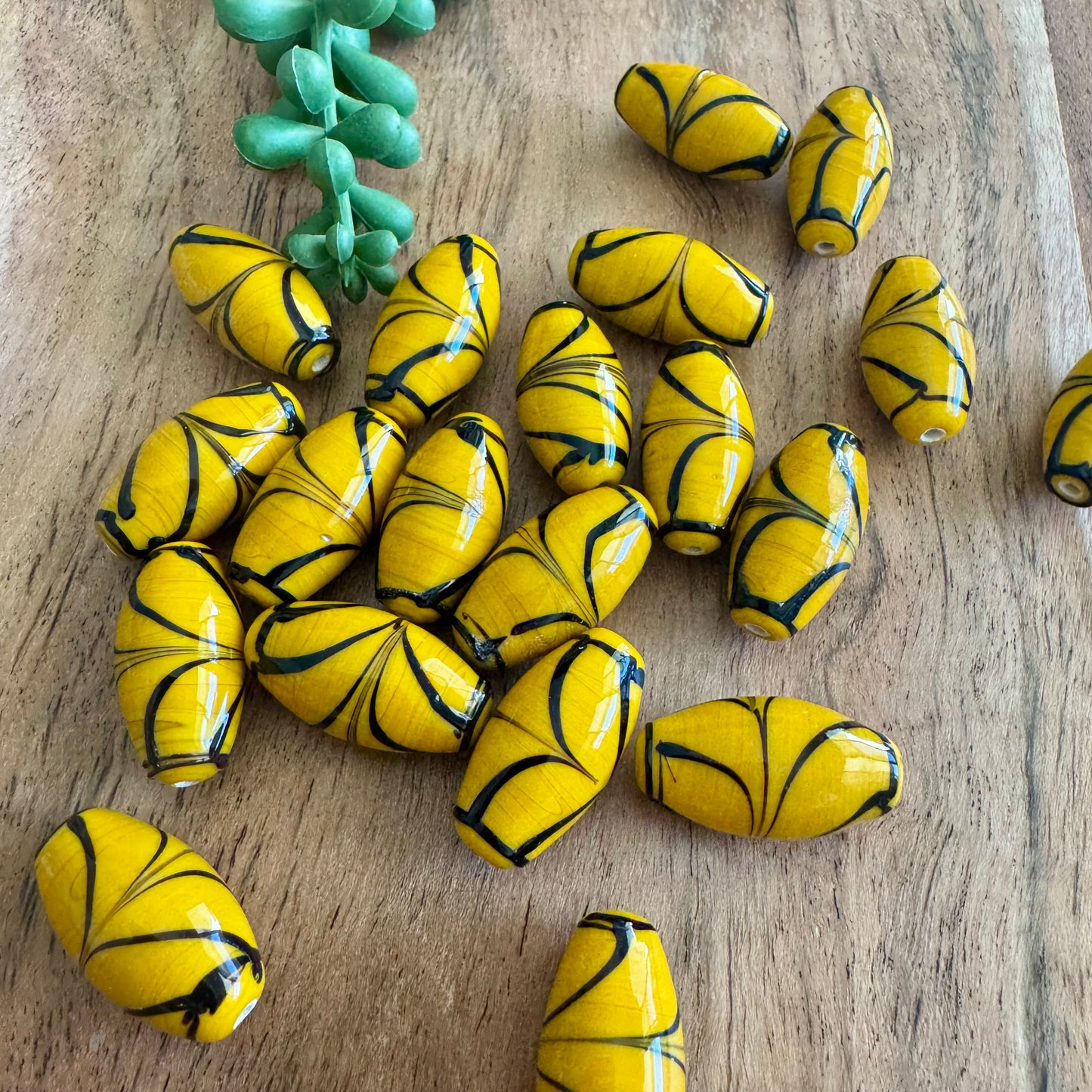 Mustard Yellow & Black Swirled Glass Beads | 20 Pieces - 12x24mm (India)