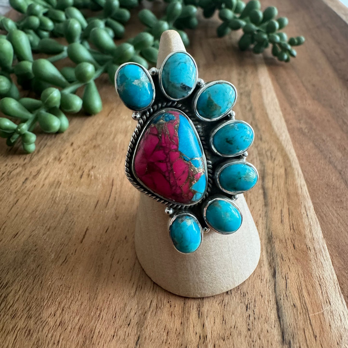 .925 Sterling Silver Cotton Candy & Mojave Turquoise Statement Ring – Size 7