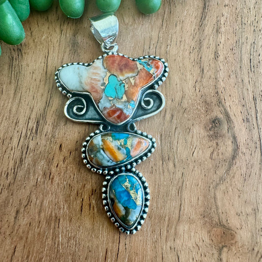 .925 Sterling Silver Pendant – Southwest-Inspired Orange Spiny Oyster & Turquoise Stack