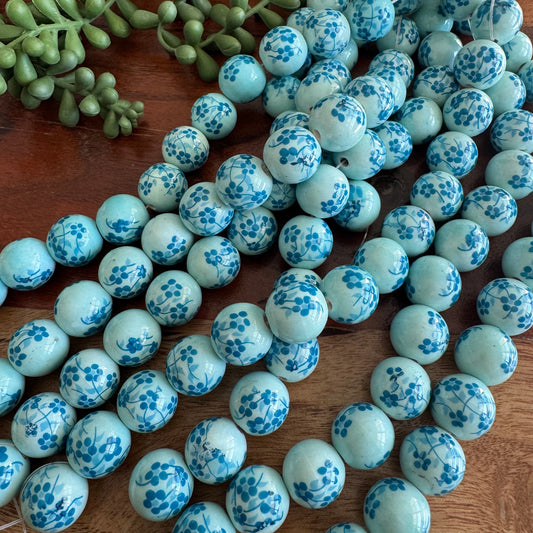 Aqua Ceramic Floral Beads 16mm