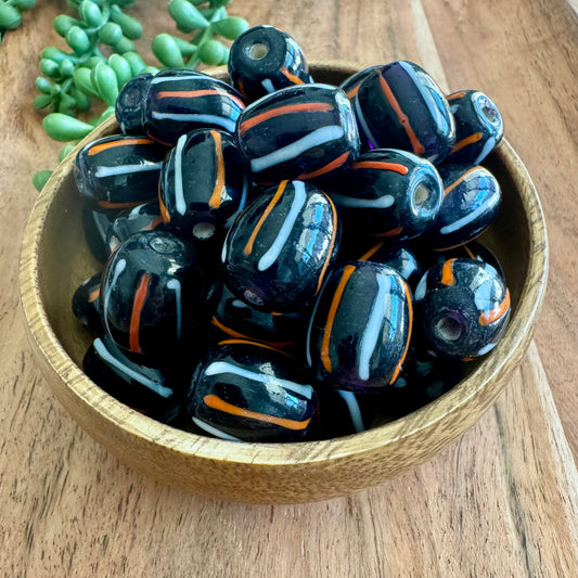 Black Glass Beads with White & Orange Stripes 16x19mm (India)