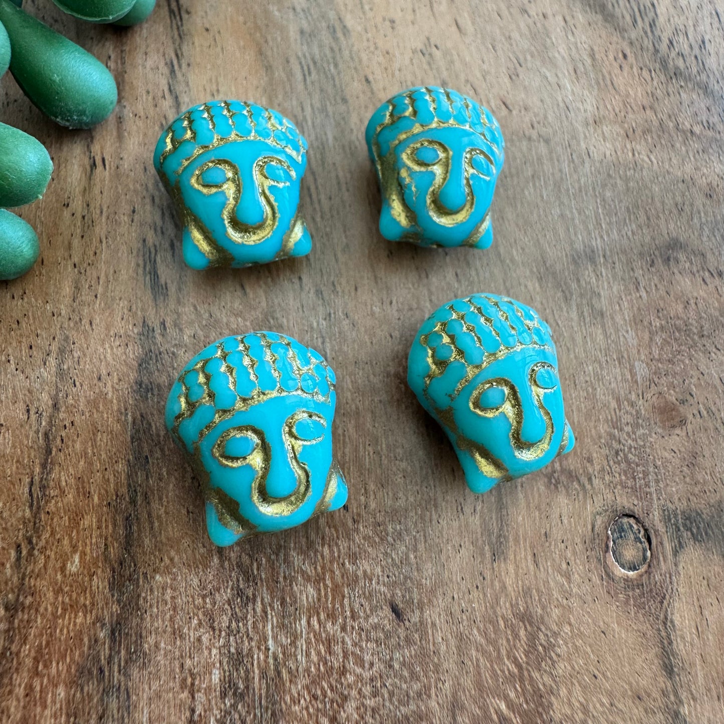 Czech Glass Turquoise and Gold Wash Buddha Focal Bead 4pcs