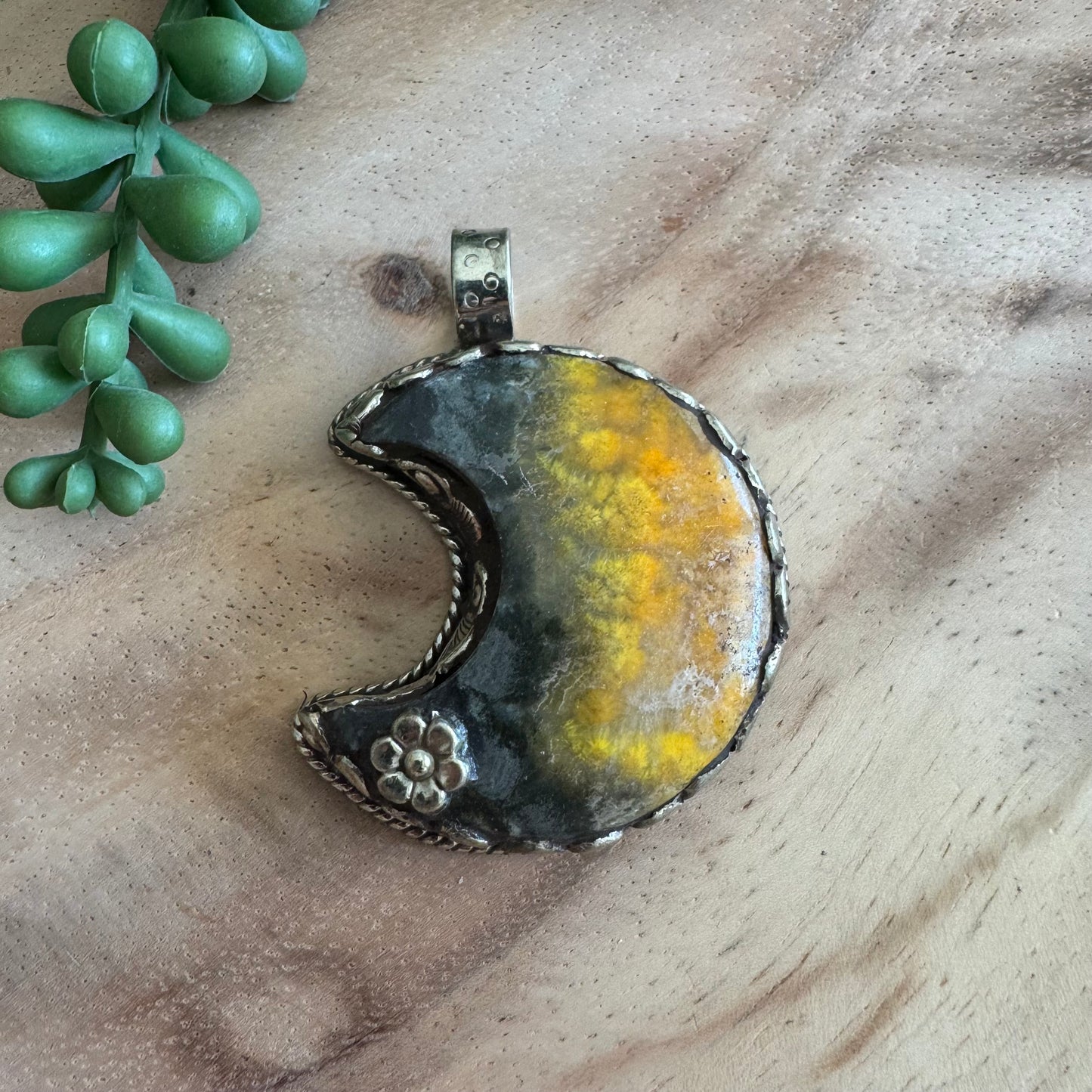 Bumblebee Jasper Moon Pendant with Silver-Tone Detailing SWP27