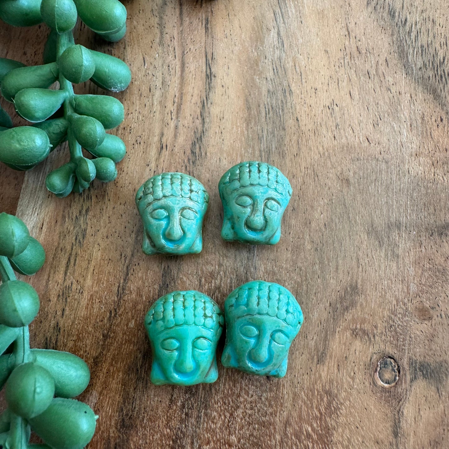 Czech Glass Turquoise Picasso Buddha Focal Bead 4pcs
