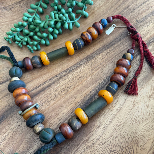 Tibetan Bead Strand – Old Glass, Resin, Bone & Metal Snake Coil