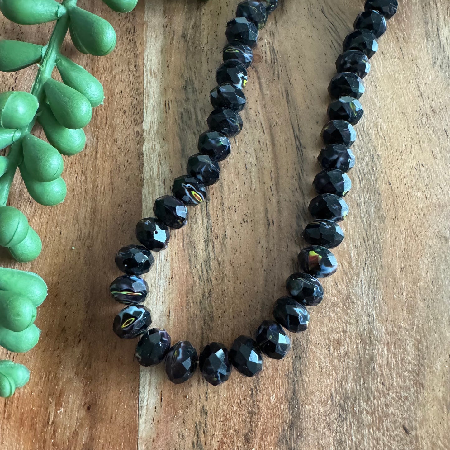 Black/Multi Color Faceted Glass Rondelle Beads – 6x7 mm – 8–9 Inch Strand