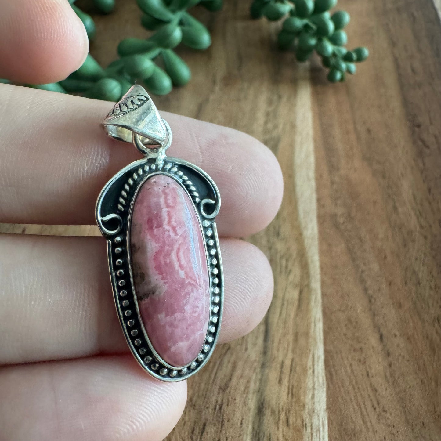 .925 Sterling Silver & Rhodochrosite Oval Pendant