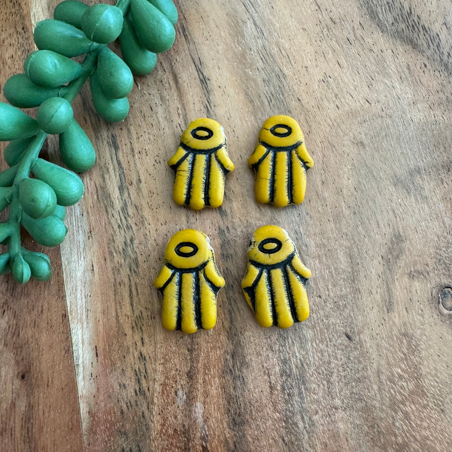 Czech Glass Mustard and Black Hamsa Focal Bead 4pcs