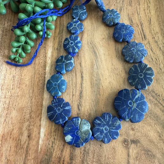 Lapis Lazuli Carved Flower Gemstone Bead Strand
