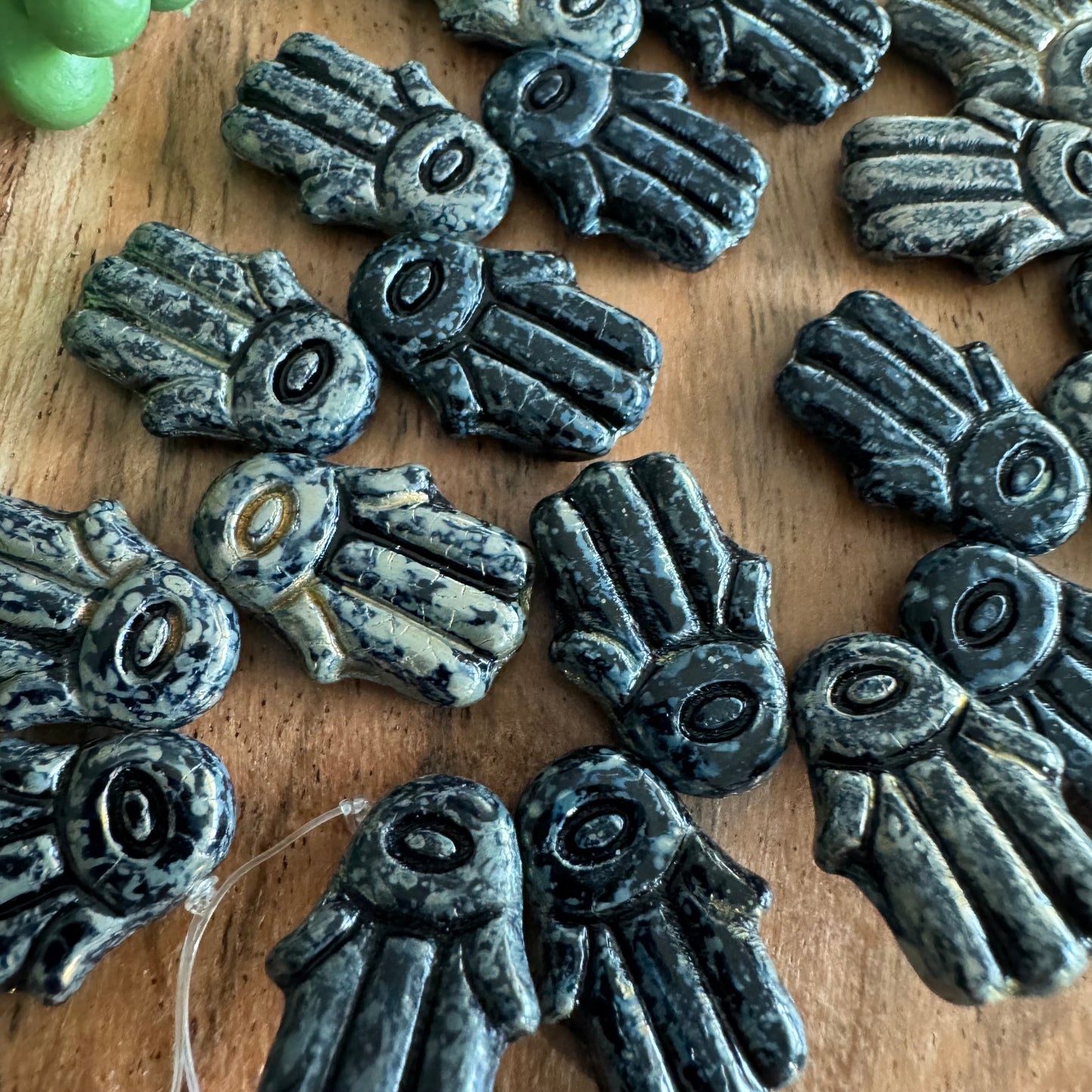 Czech Glass Black Hamsa Focal Bead 4pcs