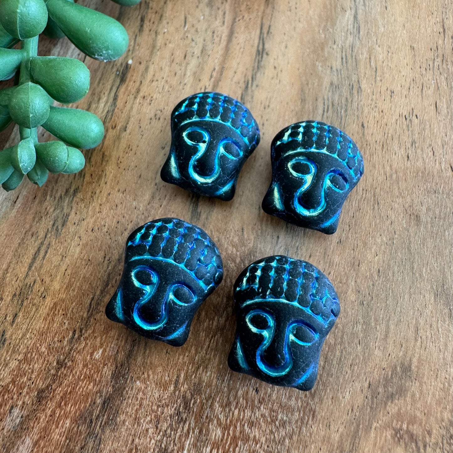 Czech Glass Black and AB Wash Buddha Focal Bead 4pcs