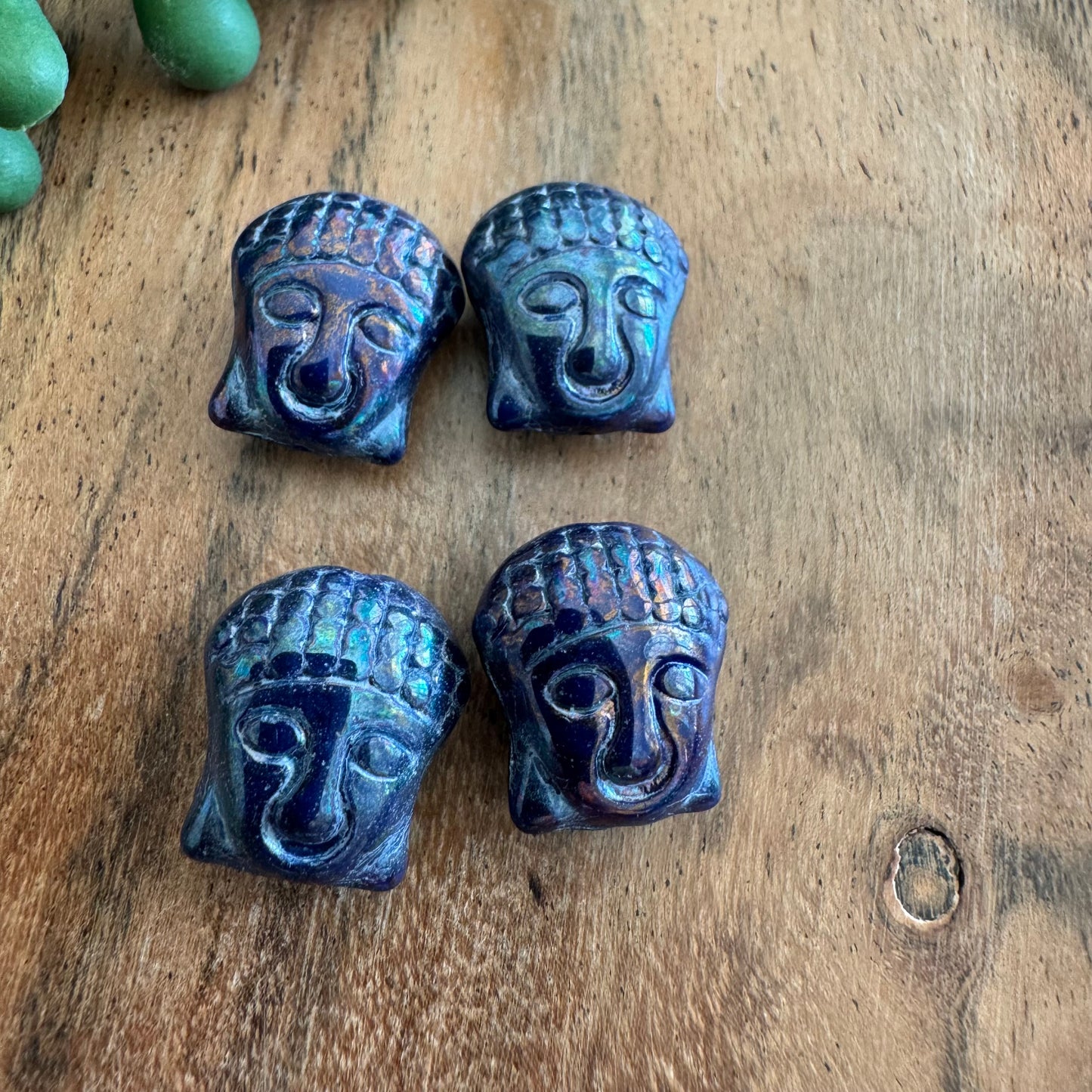 Czech Glass Purple/Blue Luster Buddha Focal Bead 4pcs