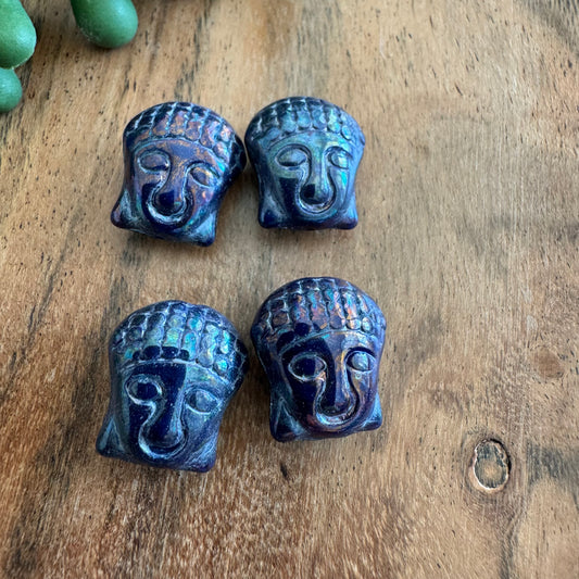 Czech Glass Purple/Blue Luster Buddha Focal Bead 4pcs