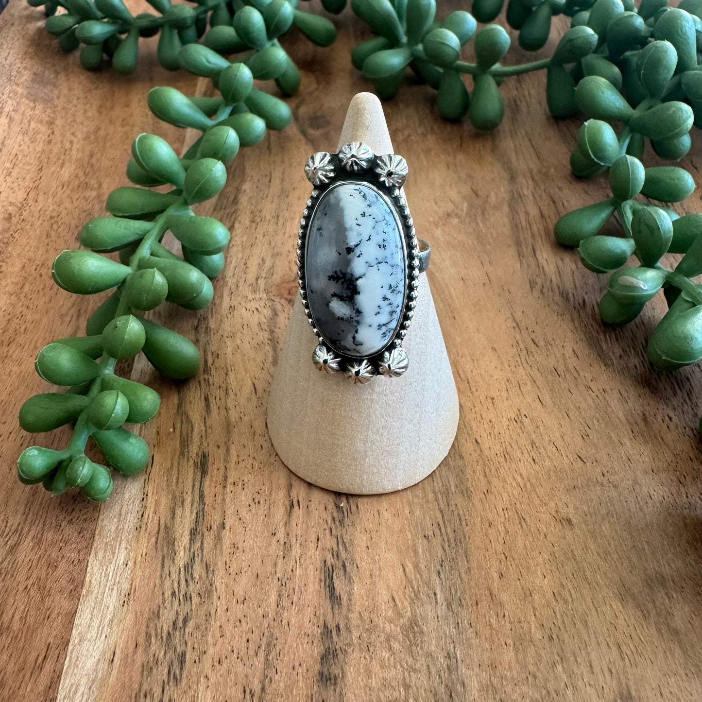 .925 Sterling Silver Dendritic Opal Ring - Size 6