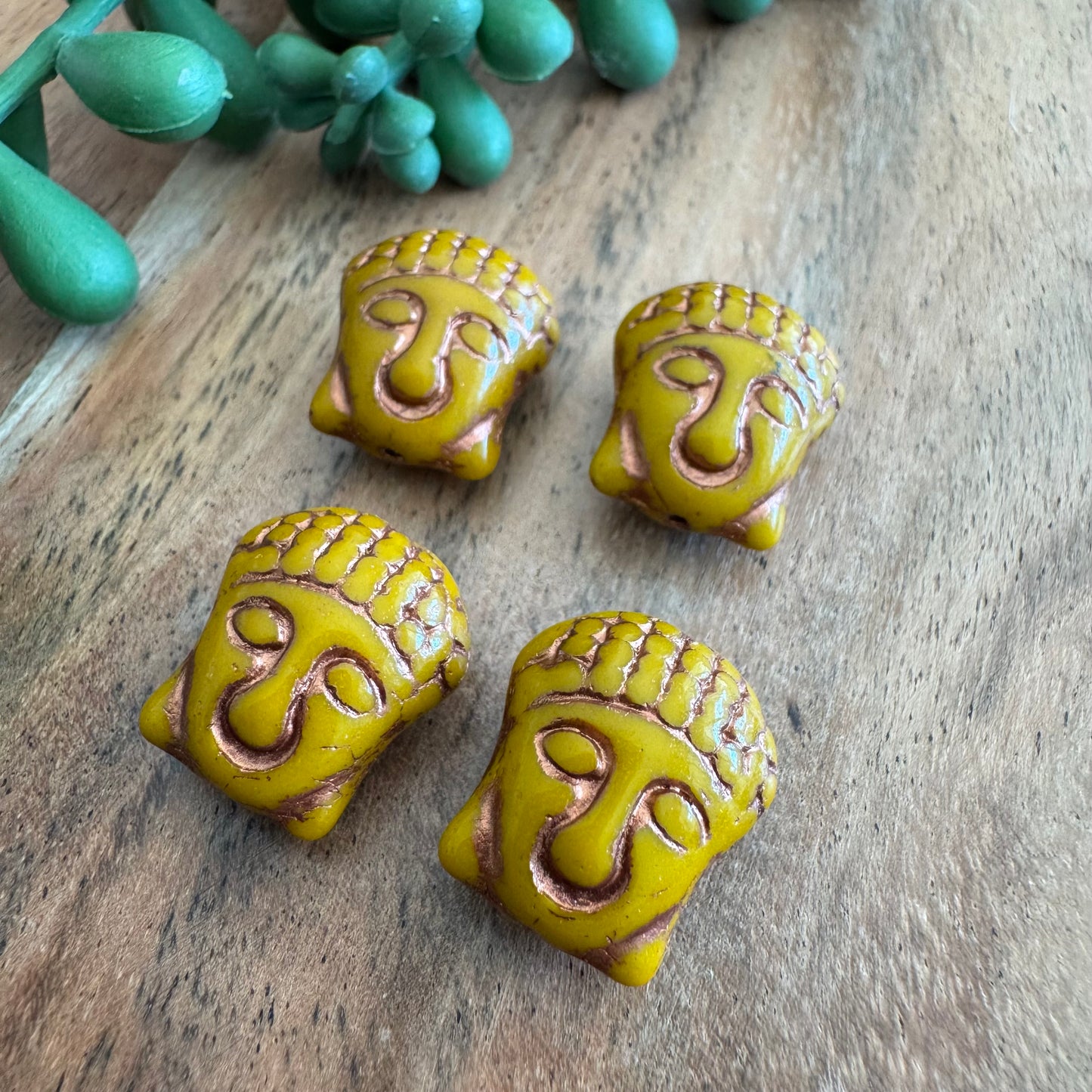 Czech Glass Mustard and Copper Wash Buddha Focal Bead 4pcs