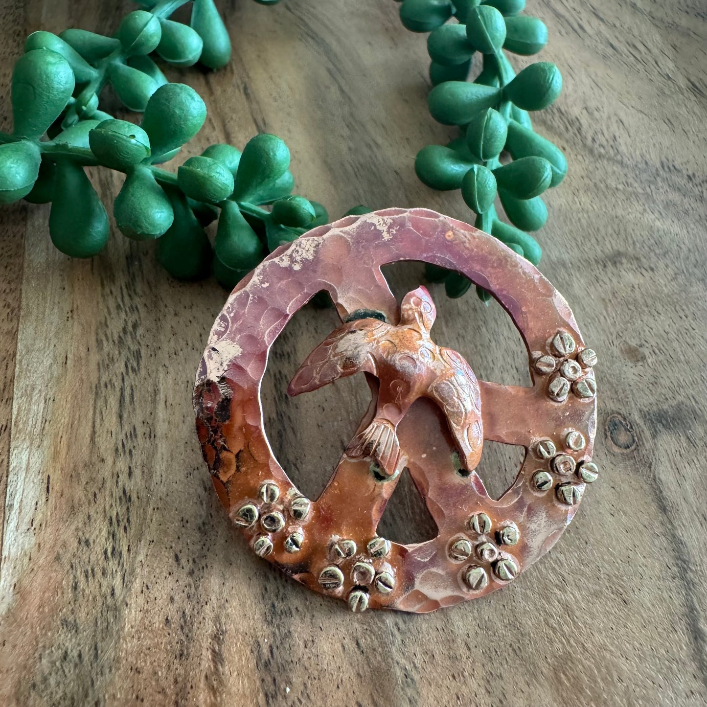 Boho Copper Peace Pendant with Dove and Flowers by Patricia Healey PH03
